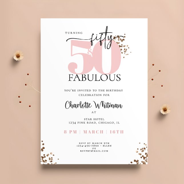 "50 & Fabulous" Minimal Pink and Black Glitter Invitation (Creator Uploaded)