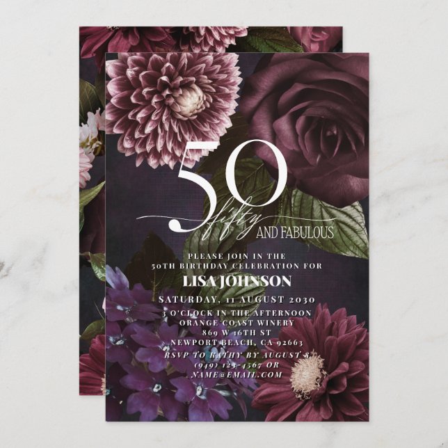 50 & Fabulous Modern Dark Moody Burgundy Floral Invitation (Front/Back)