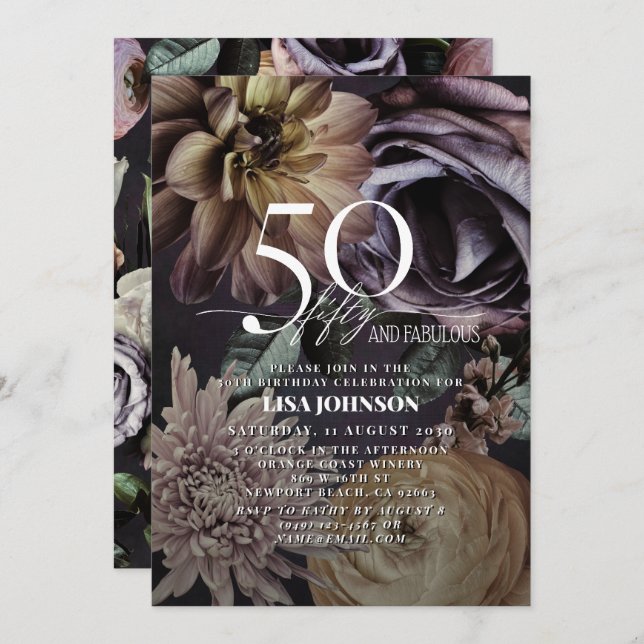 50 & Fabulous Modern Dark Moody Purple Floral  Invitation (Front/Back)