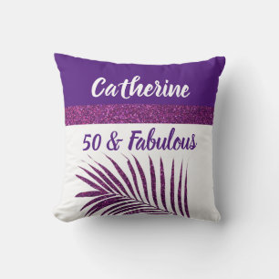 50 & Fabulous Monogrammed Name Purple Glitter Chic Cushion