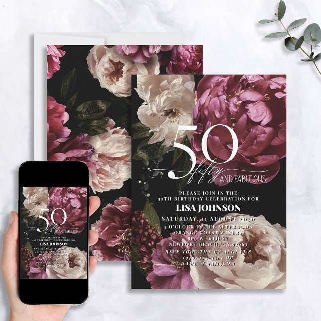 50 & Fabulous Moody Burgundy Blush Botanical Invitation (Creator Uploaded)