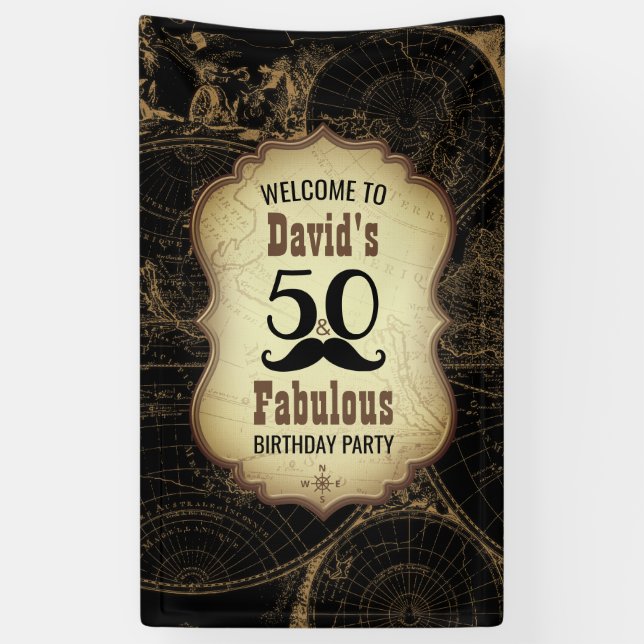 50 Fabulous Moustache Vintage Map Birthday Party Banner (Vertical)