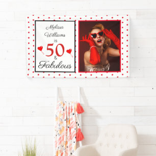 50 & Fabulous Name Photo Red 50th Birthday Red Dot Banner