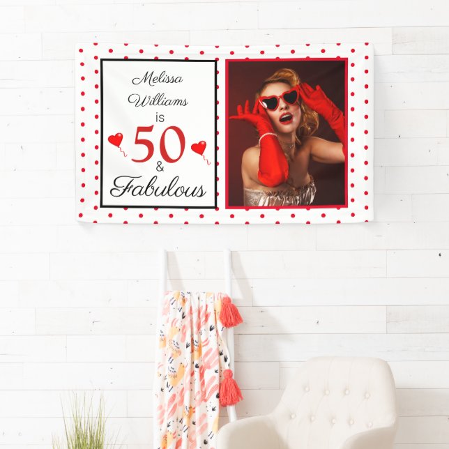 50 & Fabulous Name Photo Red 50th Birthday Red Dot Banner (Insitu)