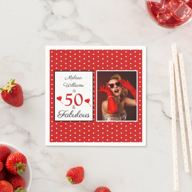 50 & Fabulous Name Photo Red 50th Birthday Red WH Napkin (Insitu)