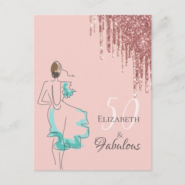 50 & fabulous party rose gold glitter invitation postcard (Front)