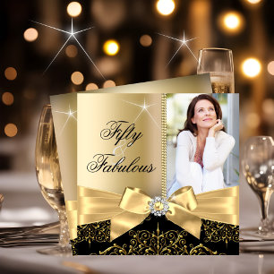 50 & Fabulous Photo Gold Black Bow 50th Birthday Invitation