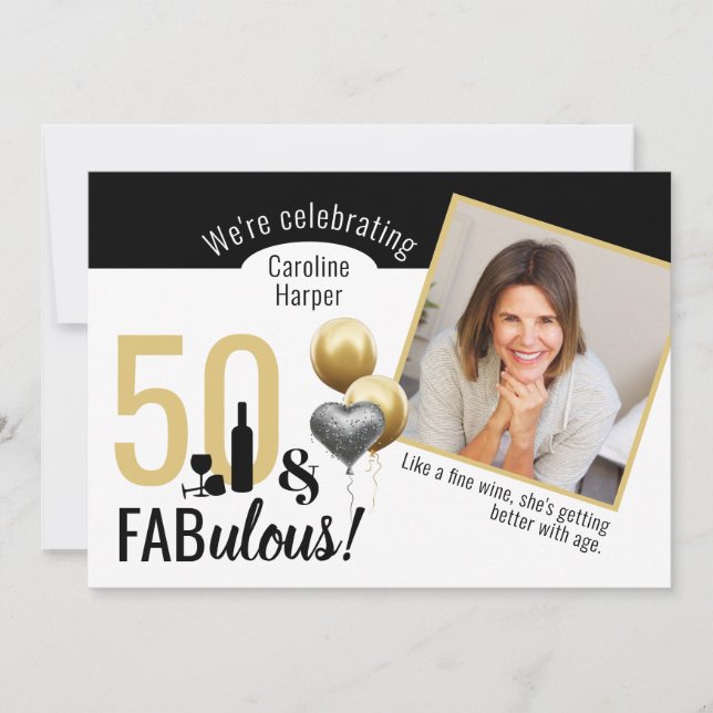 50 & Fabulous Photo Gold & Black Modern Birthday Invitation (Front)