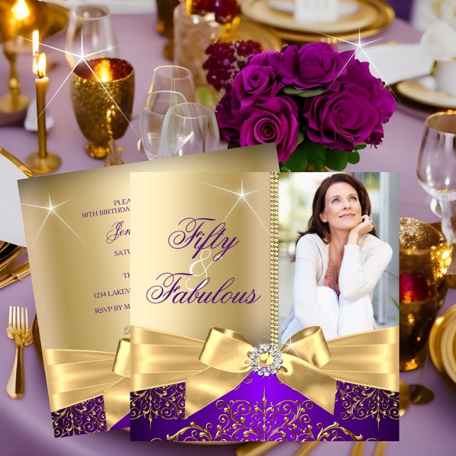 50 & Fabulous Photo Gold Purple Bow 50th Birthday Invitation (Creator Uploaded)