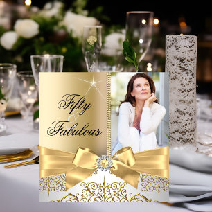 50 Fabulous Photo Gold Silver Bow 50th Birthday Invitation