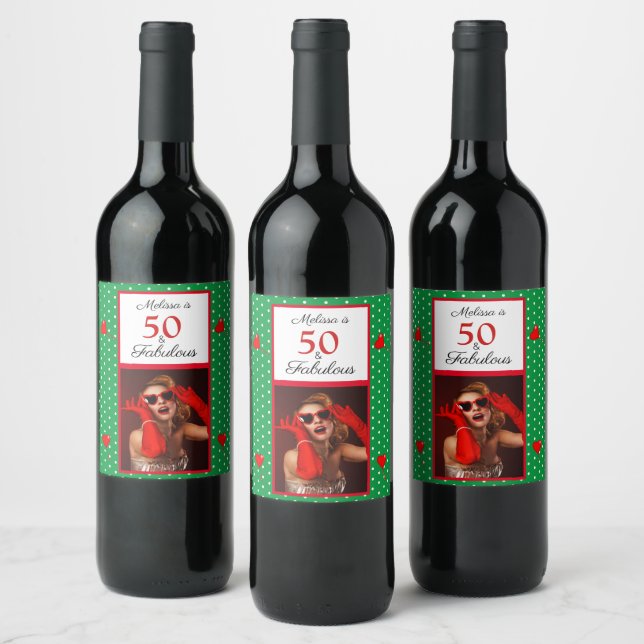 50 & Fabulous Photo Name Red 50th Birthday Green Wine Label (Bottles)