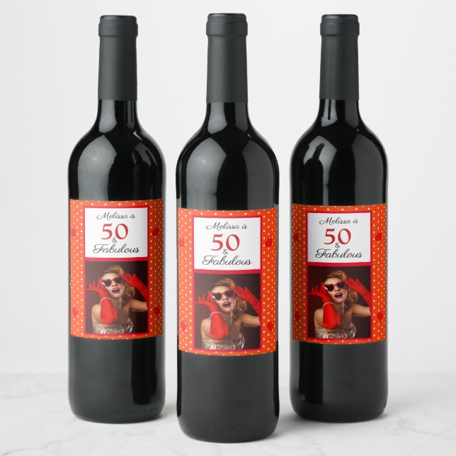 50 & Fabulous Photo Name Red 50th Birthday Orange Wine Label (Bottles)