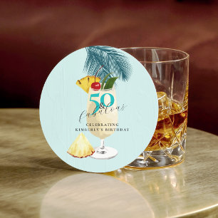 50 & Fabulous Pineapple Cocktail Birthday Party Round Paper Coaster