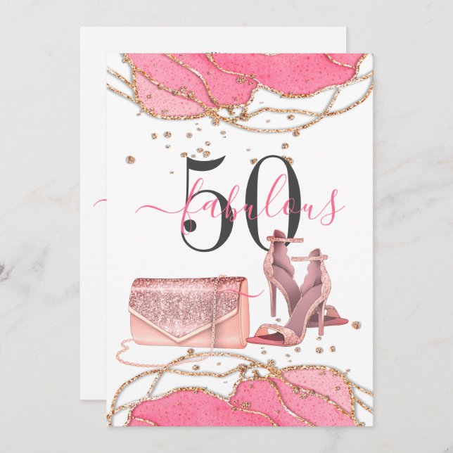 50 Fabulous Pink Agate Gold Glitter Dancing Shoes Invitation (Front/Back)