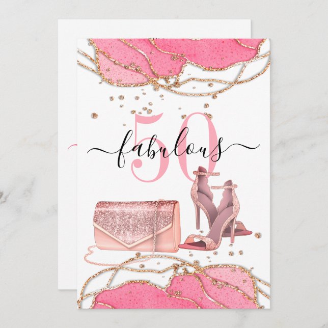 50 Fabulous Pink Agate Gold Glitter Dancing Shoes  Invitation (Front/Back)