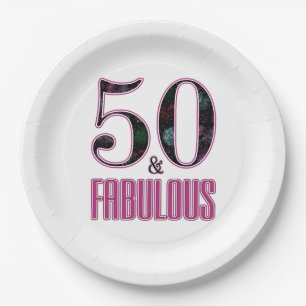 50 & Fabulous Pink Black Typography 50th Birthday Paper Plate
