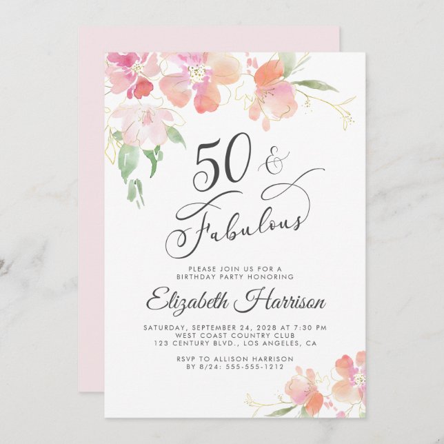 50 Fabulous Pink Floral Watercolor Birthday Party  Invitation (Front/Back)