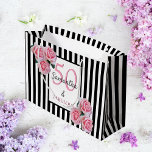 50 fabulous pink florals black white stripes large gift bag<br><div class="desc">Classic slim black and white vertical stripes as background. With girly, feminine and romantic pink flowers, roses as decoration. Perfect for an elegant 50th birthday party for her. With the text: 50 and Fabulous. A white and black frame with templates for name and age. Age number 50 in pink, name...</div>