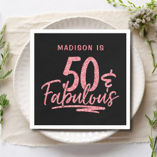 50 & Fabulous Pink Glitter 50th Birthday Name Napkin