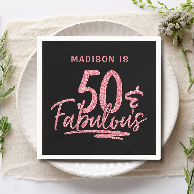 50 & Fabulous Pink Glitter 50th Birthday Name Napkin (Creator Uploaded)