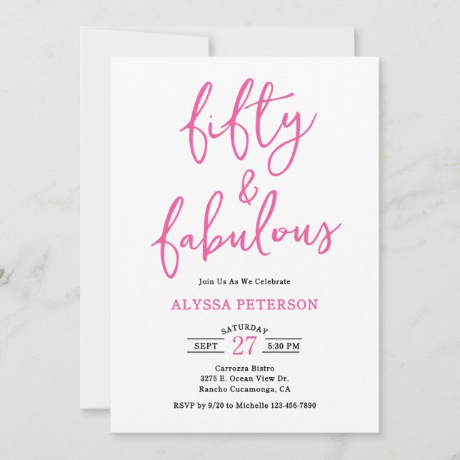 50 & Fabulous Pink Modern Script 50th Birthday  Invitation (Front)
