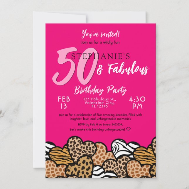 50 & Fabulous Pink Wild Hearts Fifty Birthday Invitation (Front)