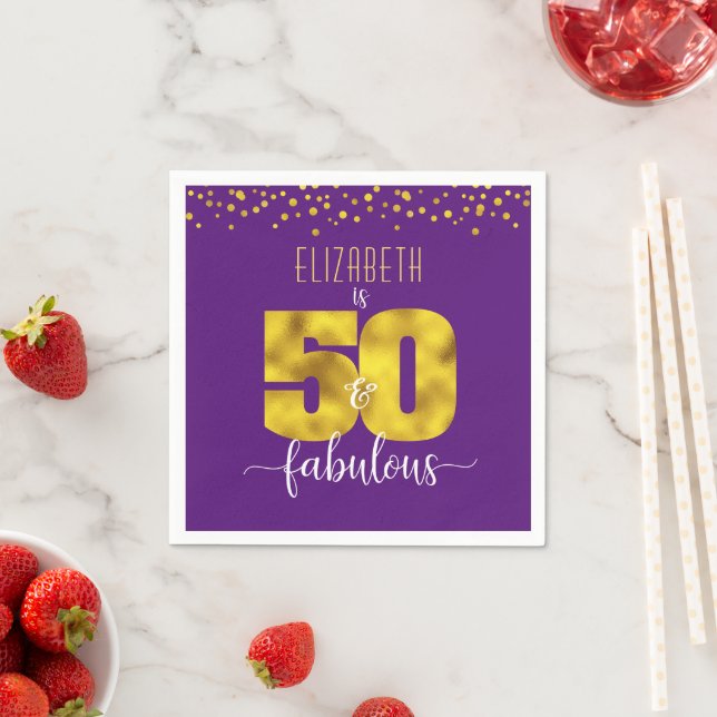 50 fabulous purple birthday gold dots script bold napkin (Insitu)