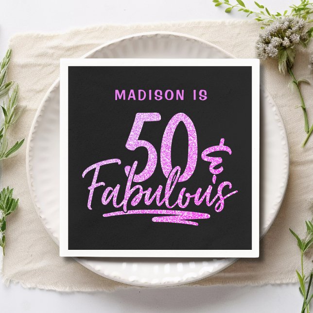50 & Fabulous Purple Glitter 50th Birthday Name Napkin (Creator Uploaded)