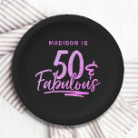 50 & Fabulous Purple Glitter 50th Birthday Name Paper Plate<br><div class="desc">50 & Fabulous Purple Glitter 50th Birthday Sparkle Paper Party Plates features the modern text design "50 & Fabulous" in purple glitter calligraphy script on a black background. Personalised with your custom name above by editing the text in the text box provided. Perfect for a 50th birthday party or celebration....</div>