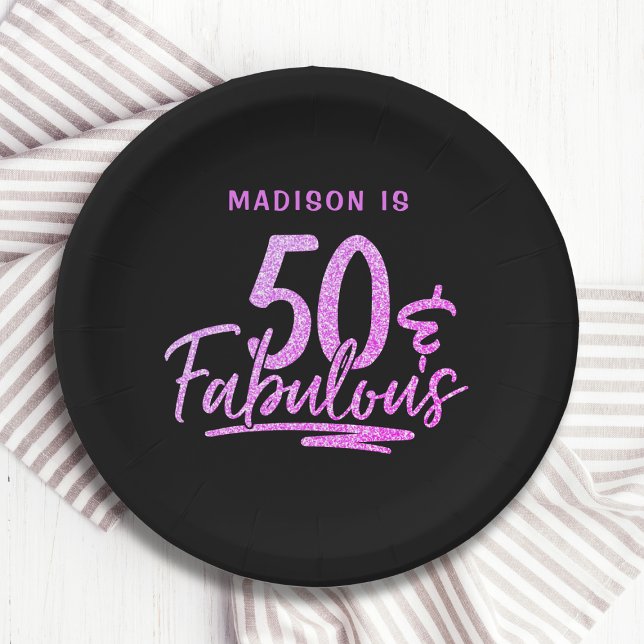 50 & Fabulous Purple Glitter 50th Birthday Name Paper Plate (Creator Uploaded)
