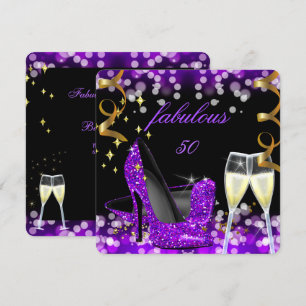 50 Fabulous Purple Glitter High Heel 50th Birthday Invitation
