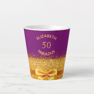 50 fabulous purple gold bow name age latte mug