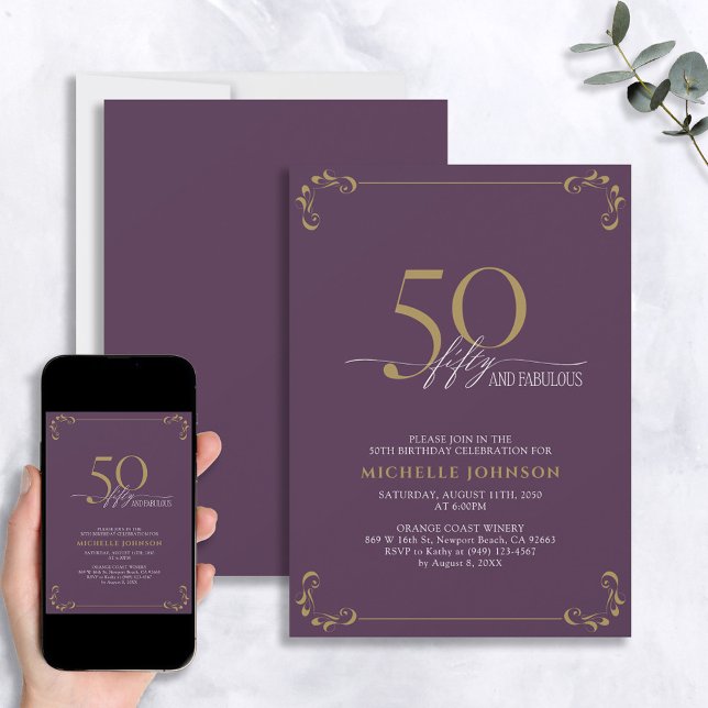 50 & Fabulous Purple & Gold Calligraphy Birthday Invitation (Creator Uploaded)