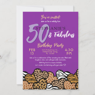 50 & Fabulous Purple Wild Hearts Fifty Birthday Invitation