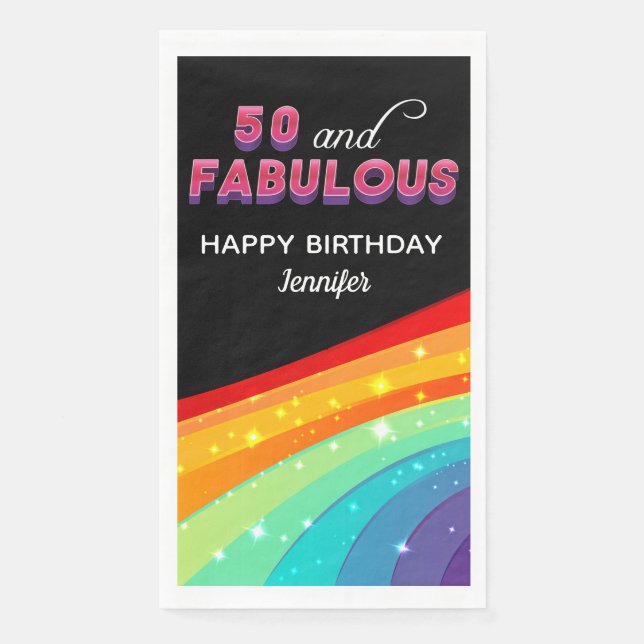 50 & Fabulous Rainbow Sparkle 50th Birthday Party Napkin (Front)