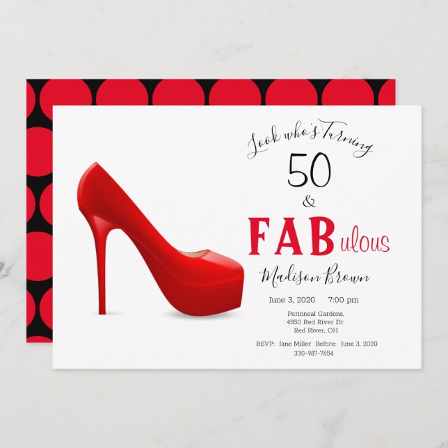 50 & Fabulous Red Black Girly Stilleto Birthday Invitation (Front/Back)