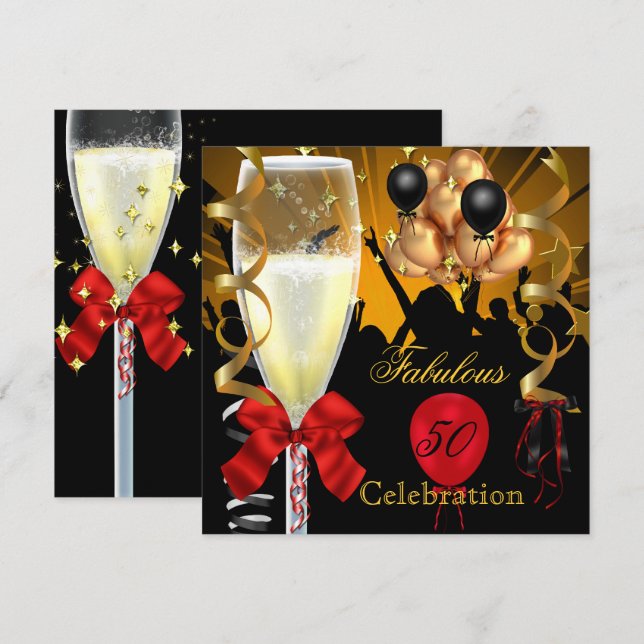 50 & Fabulous Red Gold Black Birthday Party Invitation (Front/Back)