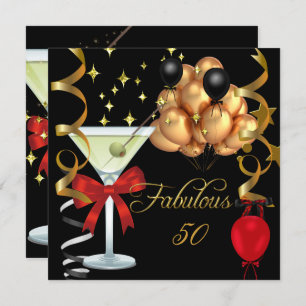 50 Fabulous Red Gold Black Martini Birthday Party Invitation