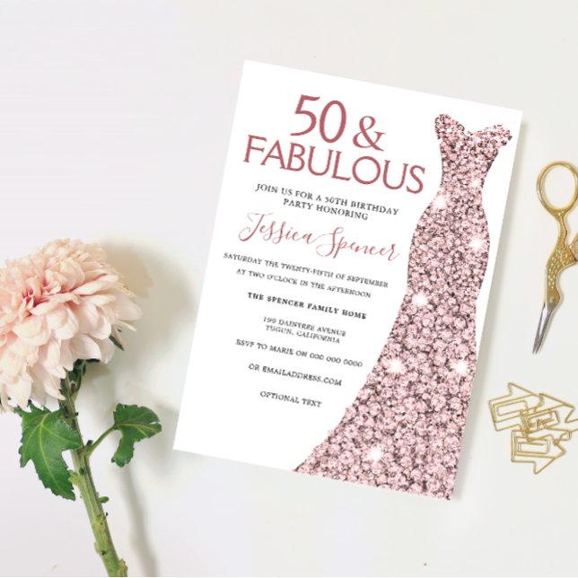 50 & Fabulous Rose Gold Dress 50th Birthday Party Invitation (Creator Uploaded)