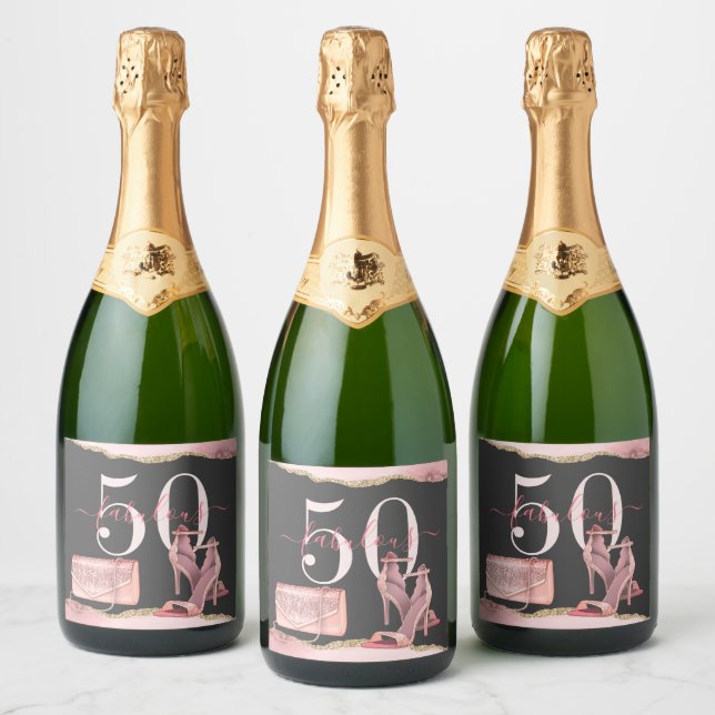 50 Fabulous Rose Gold Glitter Agate Sparkling Wine Label (Bottles)