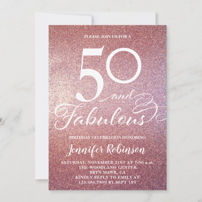 50 Fabulous Rose Gold Glitter Birthday Party Invit Invitation (Front)