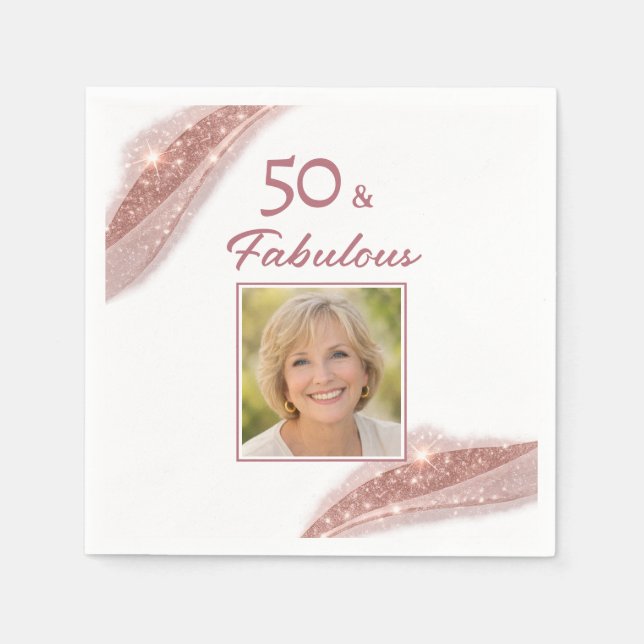 50 & Fabulous Rose Gold Photo Birthday Party Napkin (Front)