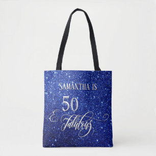 50 & Fabulous Script Sparkling Deep Blue Glitter Tote Bag