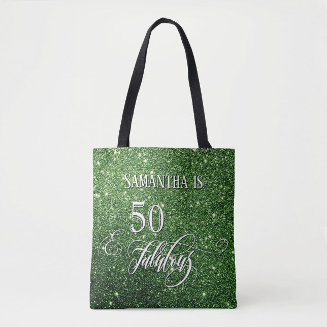 50 & Fabulous Script Sparkling Deep Green Glitter Tote Bag (Front)