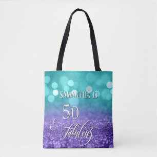 50 & Fabulous Script Sparkling Teal Purple Ombre Tote Bag