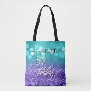 50 & Fabulous Script Sparkling Teal Purple Ombre Tote Bag