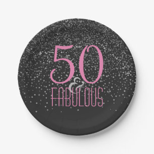 50 & Fabulous Silver Confetti Pink 50th Birthday Paper Plate