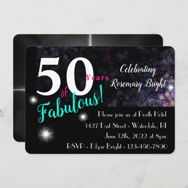 50 fabulous, simple bold pink teal white, w/ stars invitation (Front/Back)