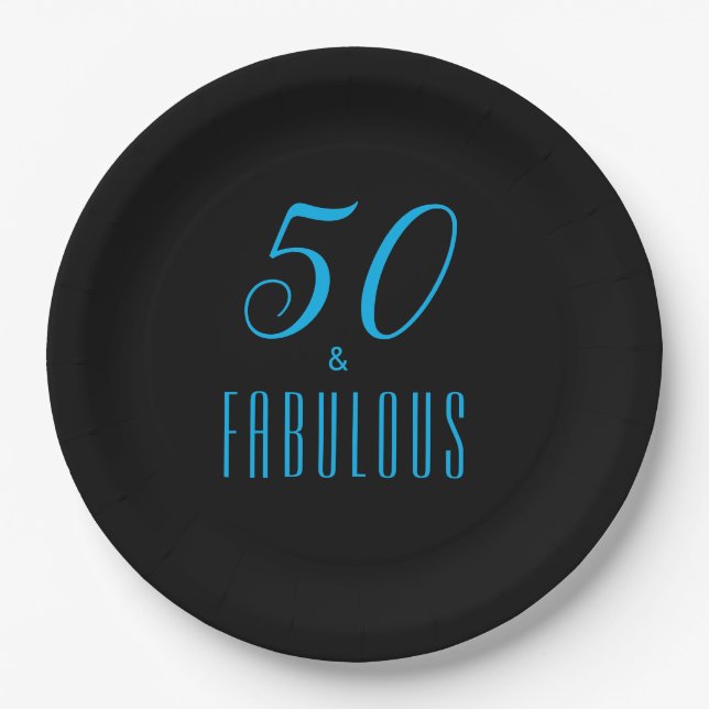 50 & Fabulous Sky Blue Black  Paper Plate (Front)