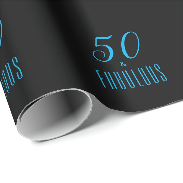 50 & Fabulous Sky Blue Black  Wrapping Paper (Roll Corner)